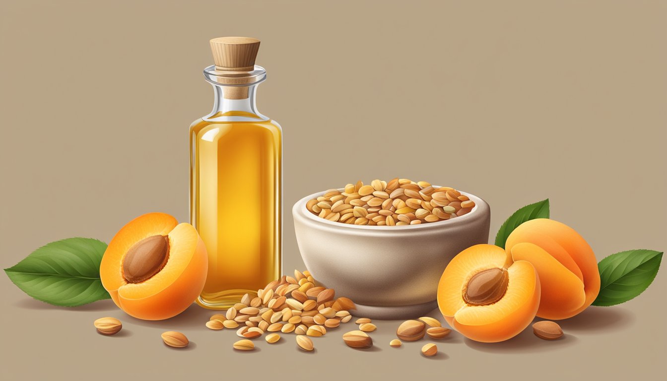 A bottle of cold pressed apricot kernel oil surrounded by fresh apricots and a mortar and pestle with crushed apricot kernels