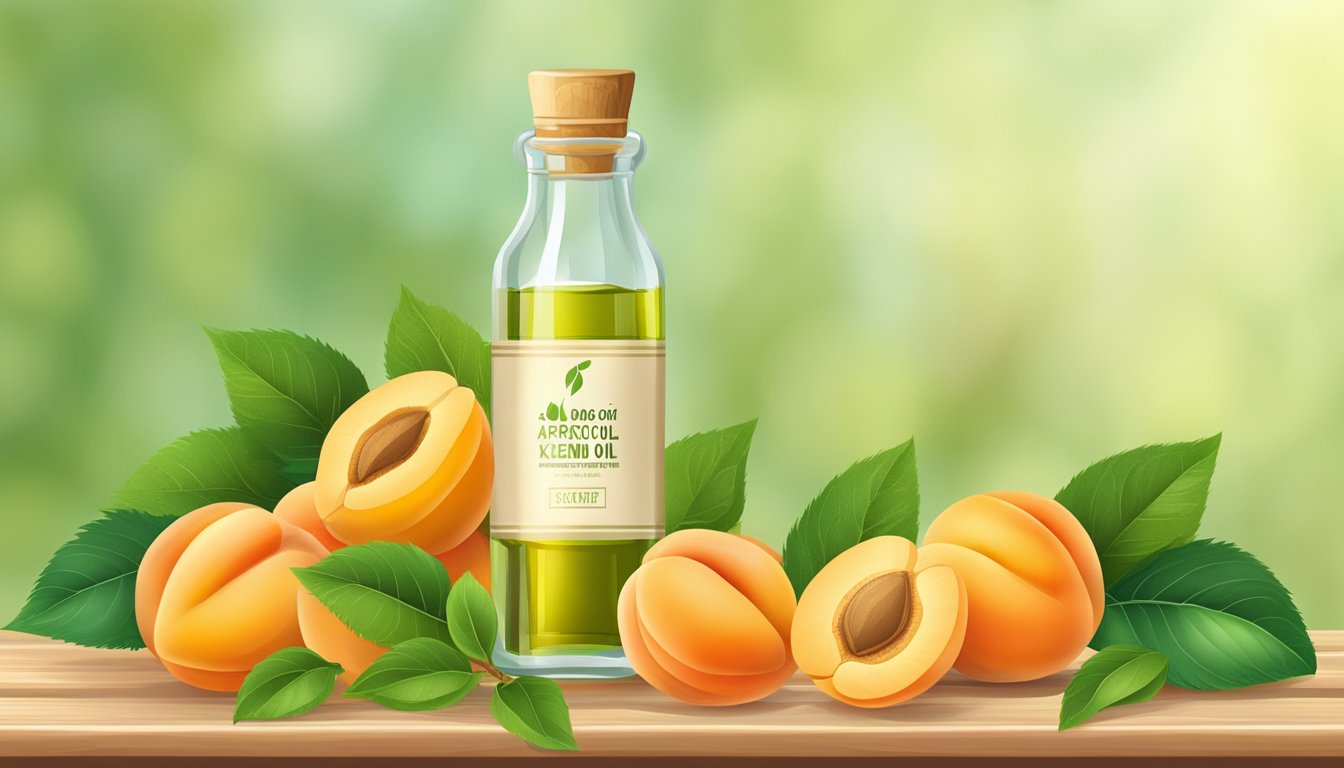 A glass bottle of cold pressed apricot kernel oil surrounded by fresh apricot fruits and green leaves on a wooden shelf