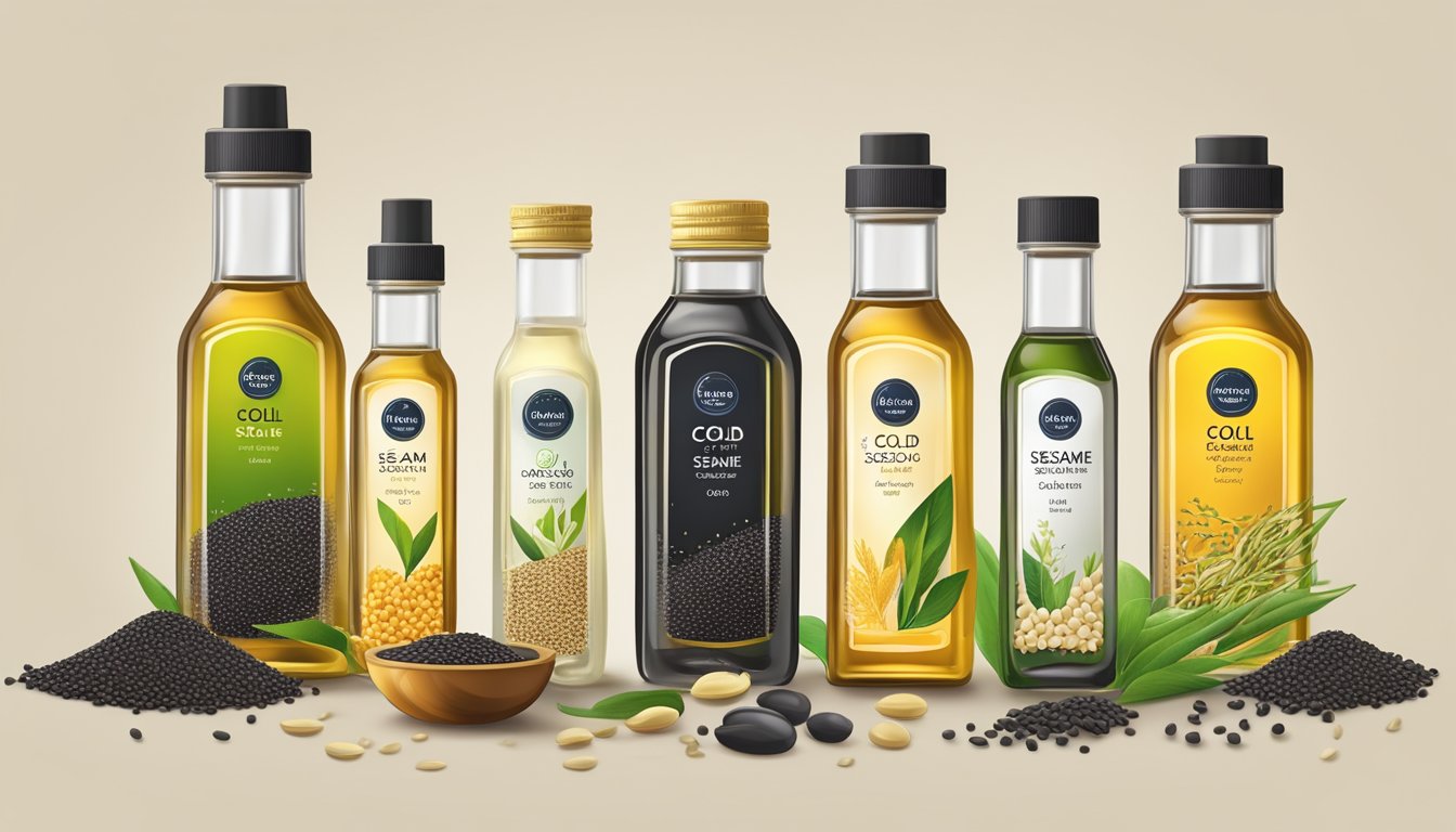 A bottle of cold pressed black sesame oil surrounded by vibrant, fresh sesame seeds and a variety of other oils for comparison