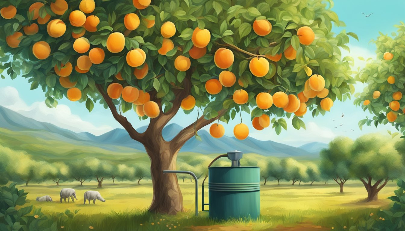 A lush apricot orchard with ripe fruit and a cold press machine extracting oil, surrounded by thriving wildlife and clean air