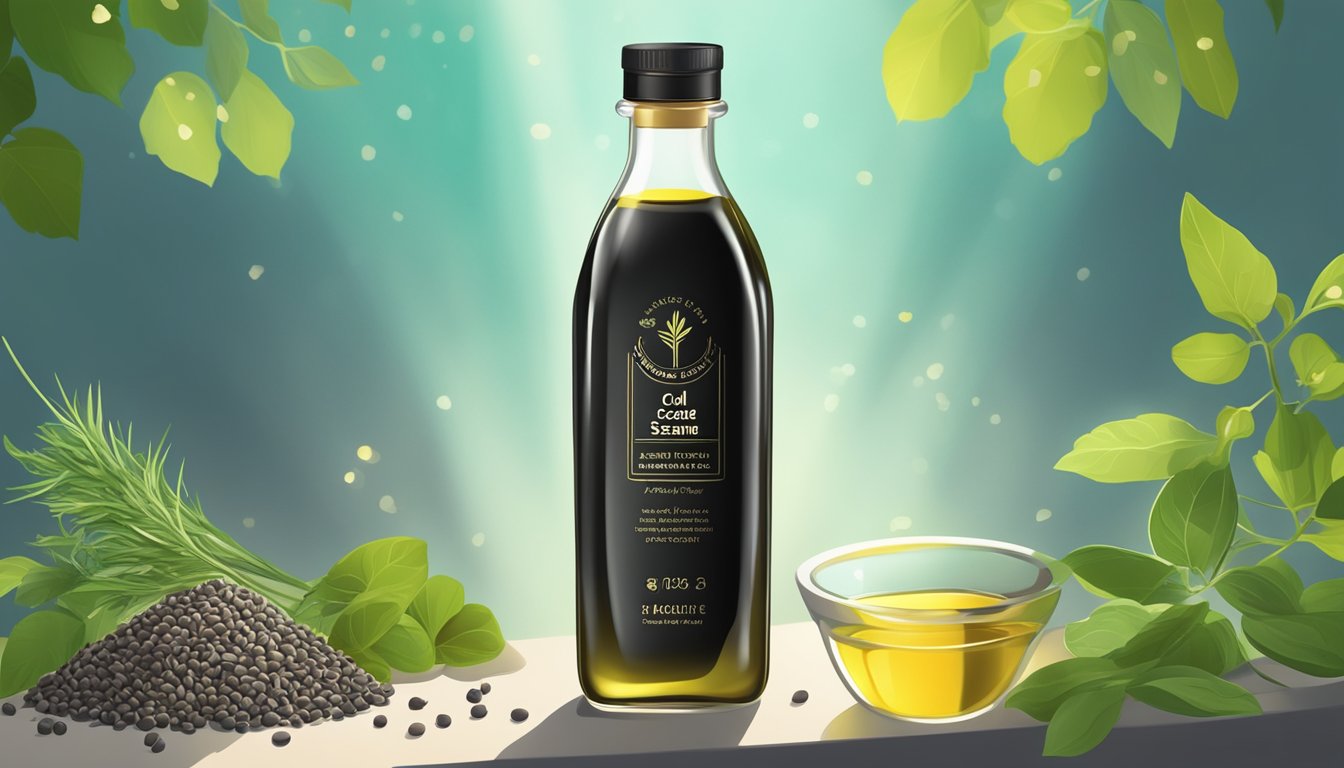 A bottle of cold pressed black sesame oil surrounded by various herbs and seeds, with rays of sunlight shining down on it