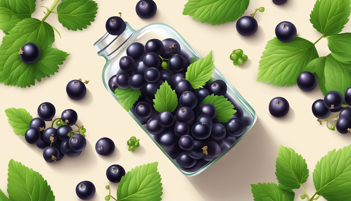 A bottle of black currant seed oil surrounded by fresh black currants and green leaves