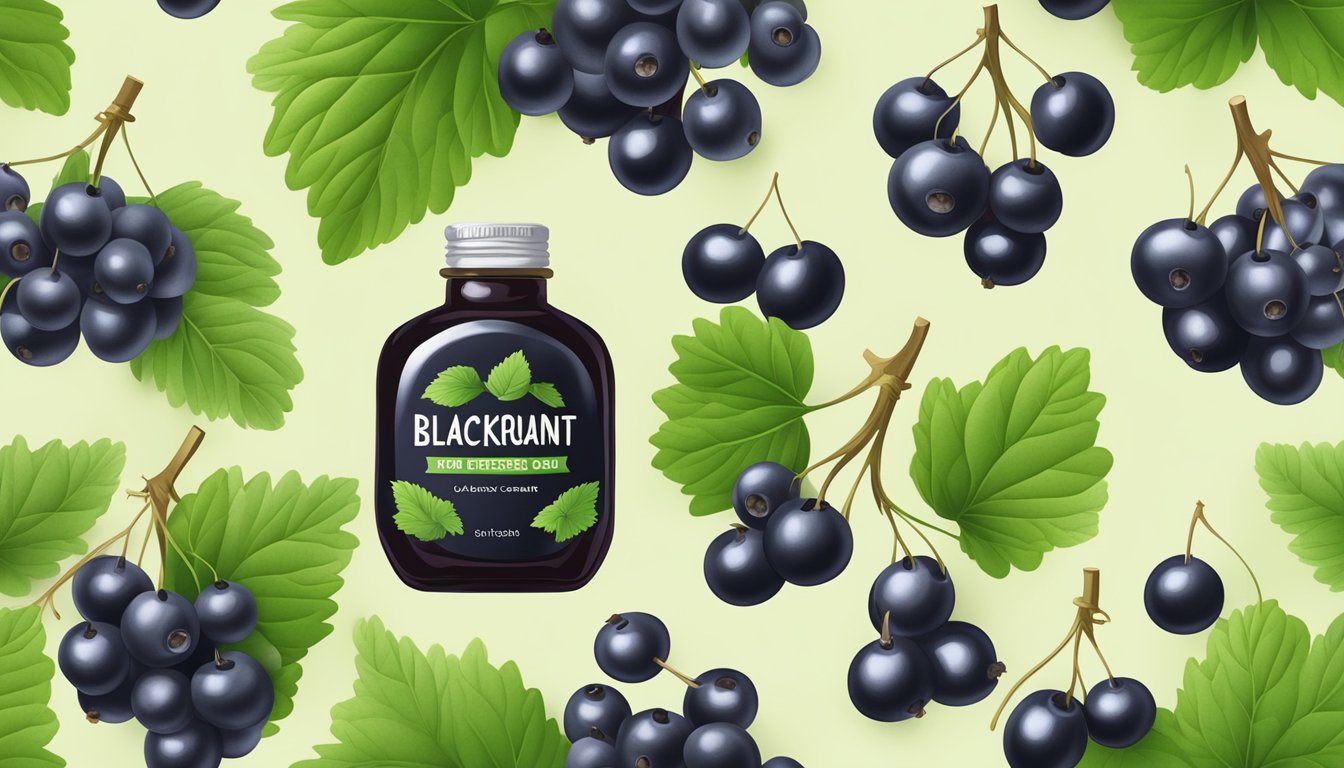 A bottle of cold pressed blackcurrant seed oil surrounded by fresh blackcurrants and green leaves