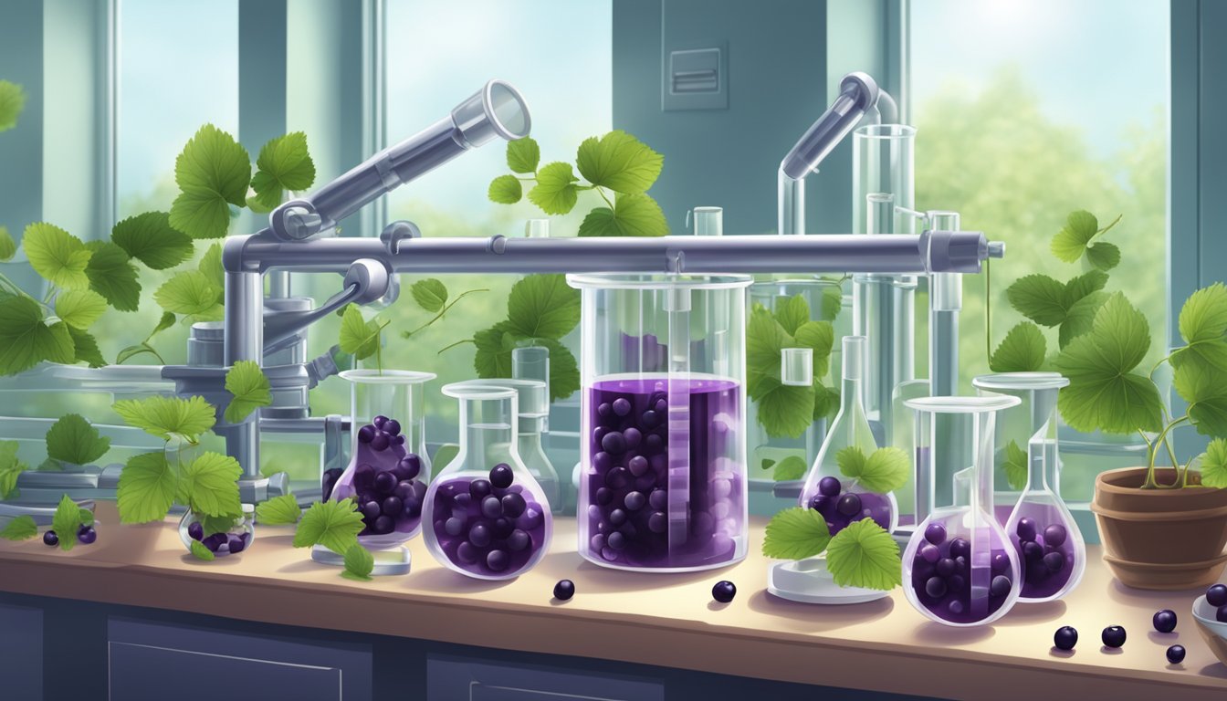 A laboratory setup with test tubes and scientific equipment, surrounded by blackcurrant plants and berries, with a focus on the cold pressing process