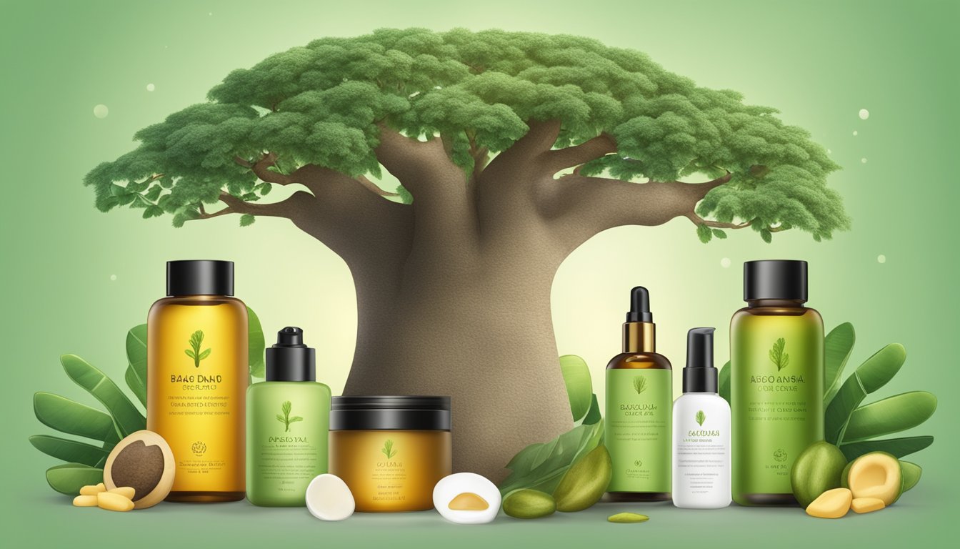 A baobab tree with vibrant green leaves and ripe fruit, surrounded by various skin care products made from cold pressed baobab oil