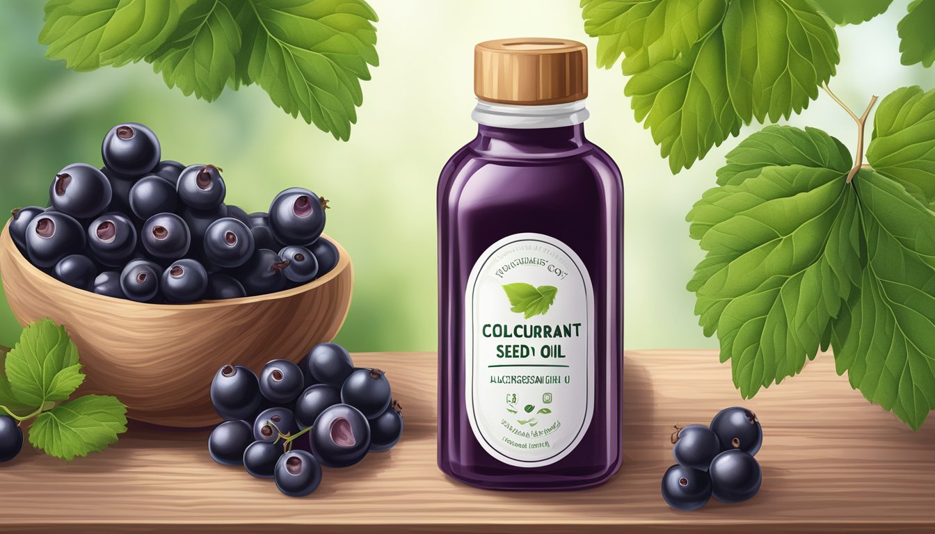 A bottle of cold pressed blackcurrant seed oil surrounded by fresh blackcurrants and kidney beans, with a pair of eyes in the background