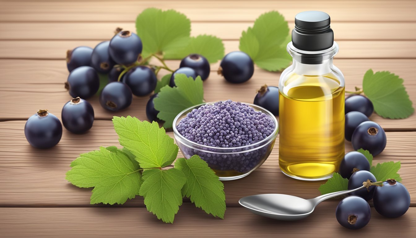 A bottle of cold pressed blackcurrant seed oil sits on a wooden table, surrounded by fresh blackcurrants and a measuring spoon