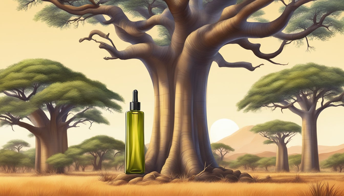 A bottle of cold pressed baobab oil surrounded by vibrant baobab trees in an African savanna