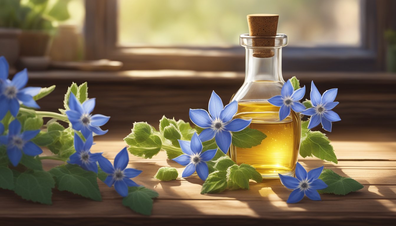 A glass bottle of borage seed oil sits on a rustic wooden table, surrounded by freshly harvested borage flowers and seeds. Sunlight streams in through a nearby window, casting a warm glow on the scene