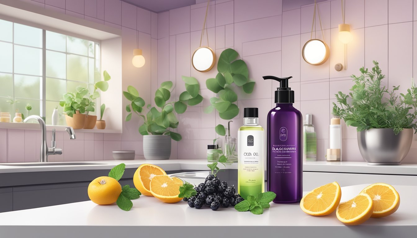 A kitchen counter with a bottle of cold pressed blackcurrant seed oil surrounded by fresh fruits and herbs, and a bathroom counter with skincare products containing the oil