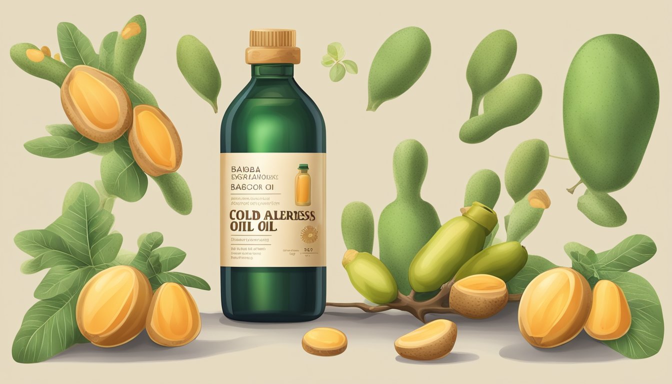 A bottle of cold pressed baobab oil surrounded by ripe baobab fruits and a label with safety and allergy information