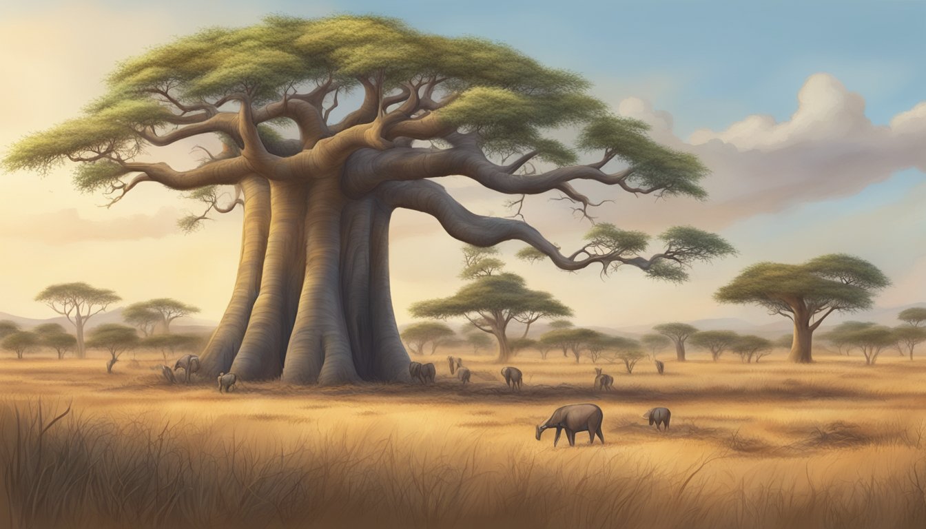 A baobab tree standing tall in an African savanna, with its fruits being harvested and cold pressed for oil extraction