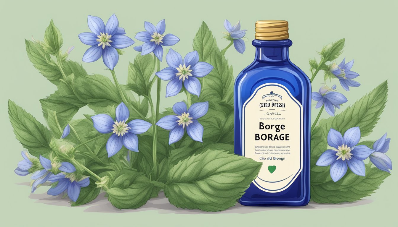 A bottle of cold pressed borage seed oil surrounded by fresh borage flowers and a label highlighting its health benefits