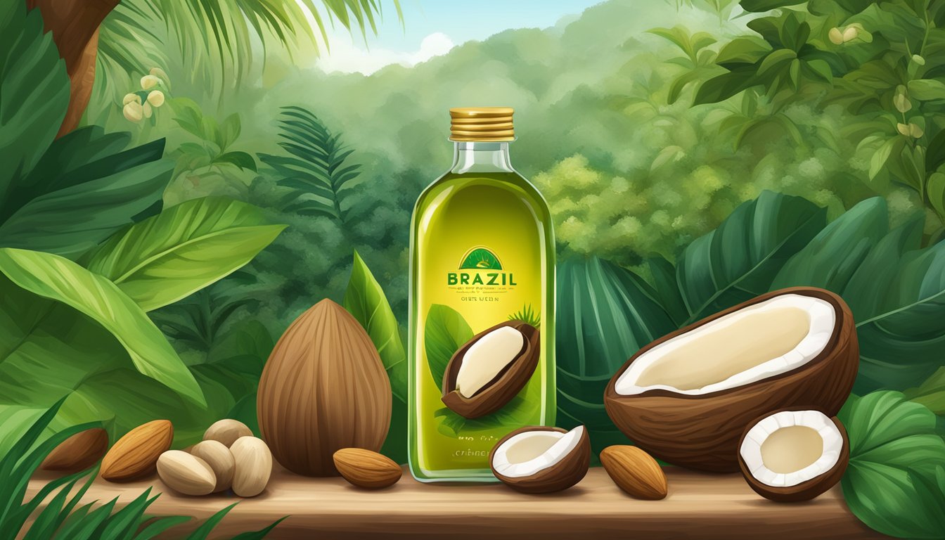 A bottle of cold pressed brazil nut oil surrounded by a variety of nuts and seeds, with a backdrop of lush rainforest foliage