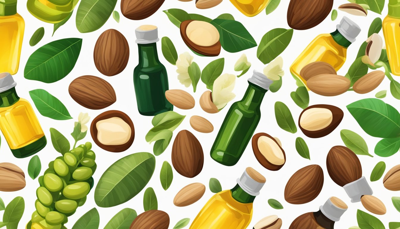 A bottle of cold pressed brazil nut oil surrounded by an assortment of vibrant and fresh brazil nuts