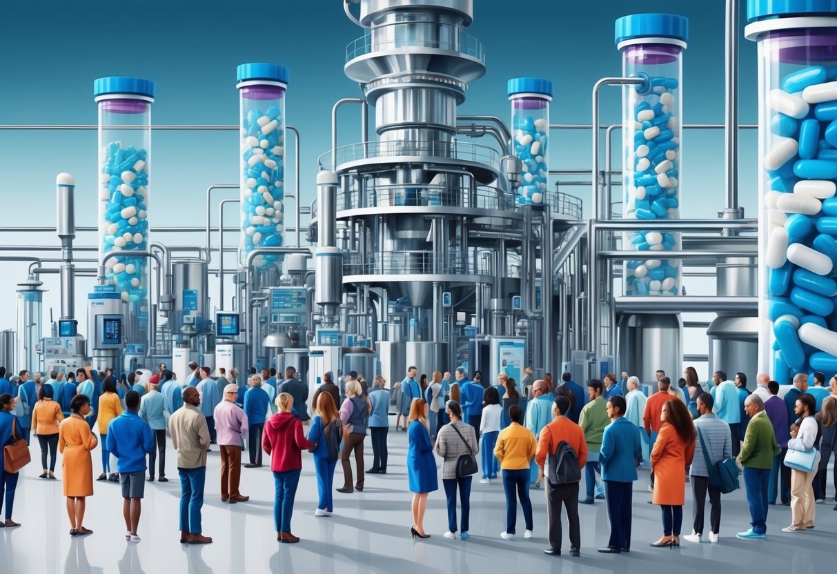 A pharmaceutical factory with towering pill bottles and a maze of complex machinery, surrounded by a diverse group of people waiting in line for medication