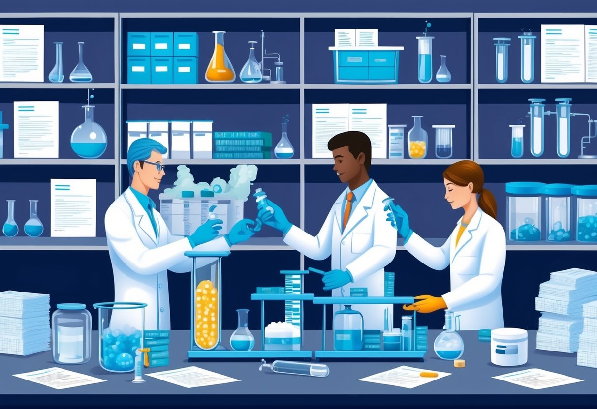 A pharmaceutical lab with scientists working on new drugs, surrounded by shelves of research materials and legal documents