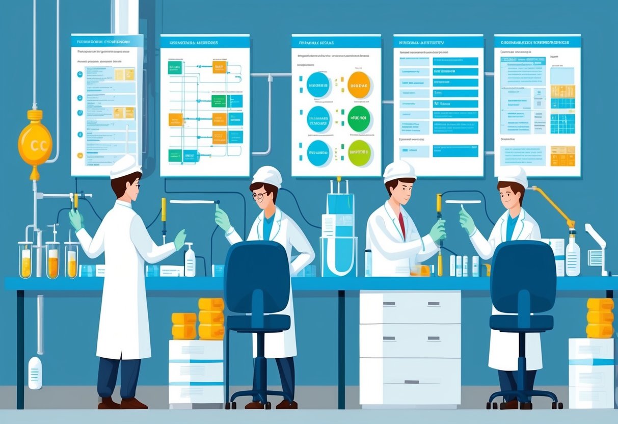 A pharmaceutical factory with workers conducting tests and research, while regulatory documents and compliance guidelines are displayed on a wall