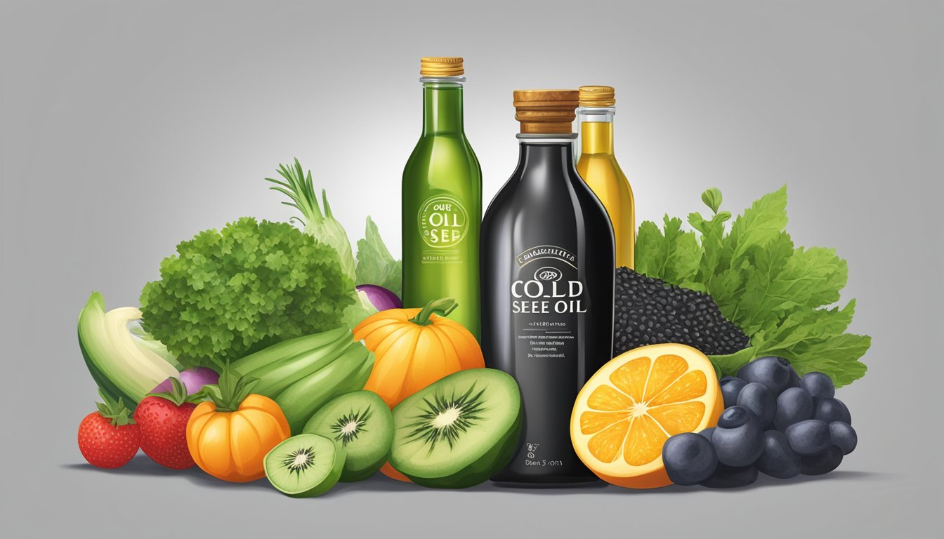 A bottle of cold pressed black seed oil surrounded by various fruits and vegetables, with a glowing halo effect to depict its health benefits for digestive health