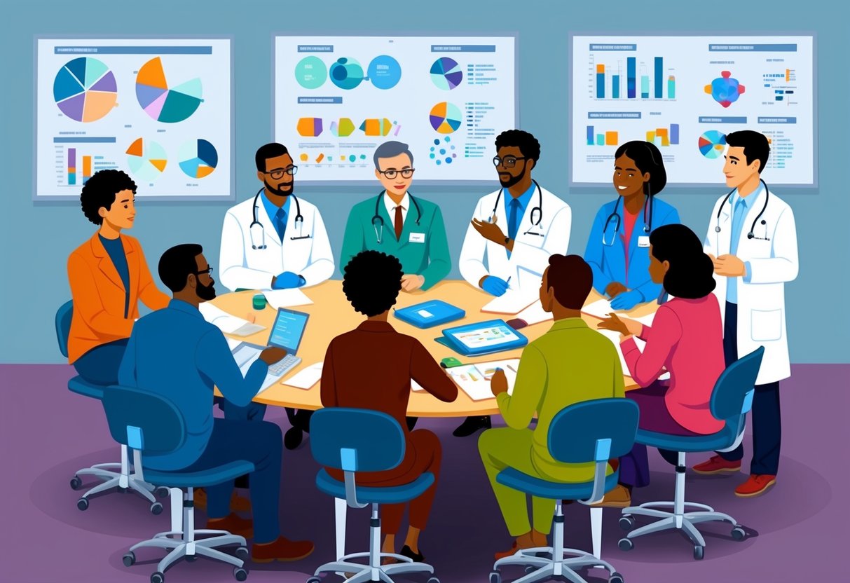 A group of diverse researchers and participants engage in a discussion around a table, surrounded by medical equipment and scientific charts