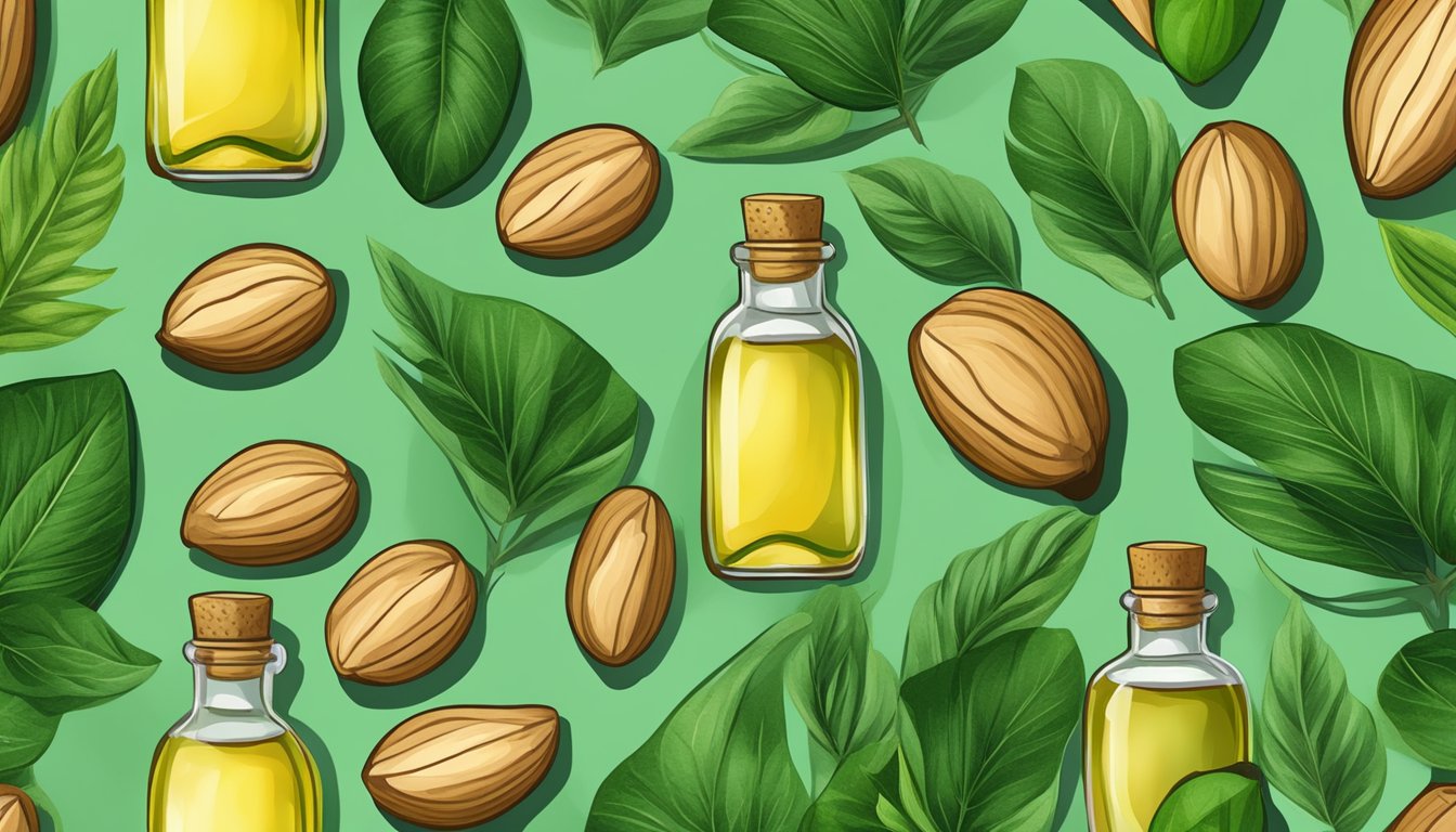 A glass bottle of cold pressed brazil nut oil surrounded by fresh brazil nuts and green leaves