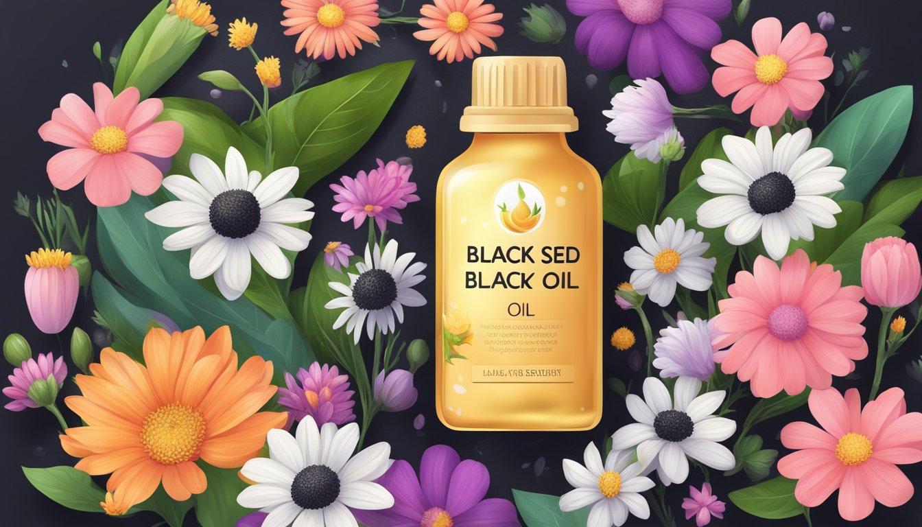 A bottle of black seed oil surrounded by vibrant flowers and healthy, shiny hair and glowing skin to illustrate its health benefits