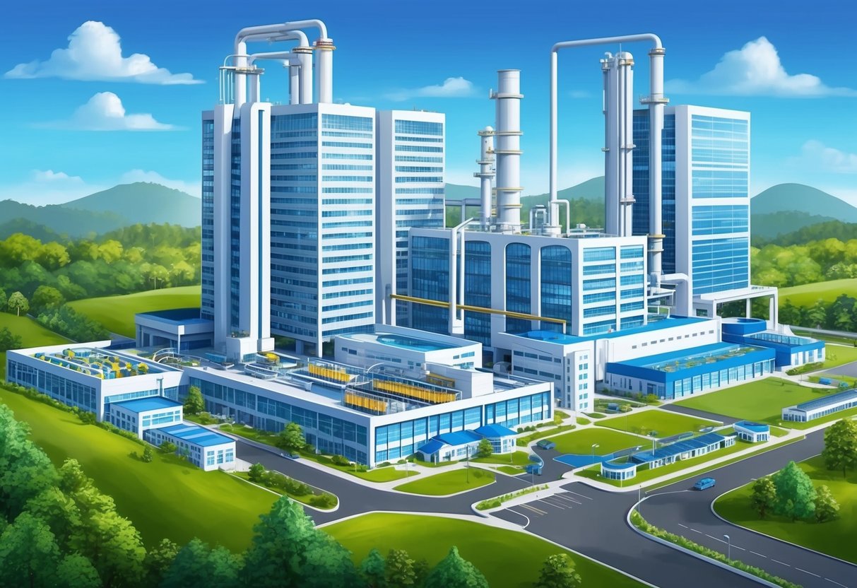 A pharmaceutical factory with towering buildings, research labs, and production lines, surrounded by lush greenery and a clear blue sky