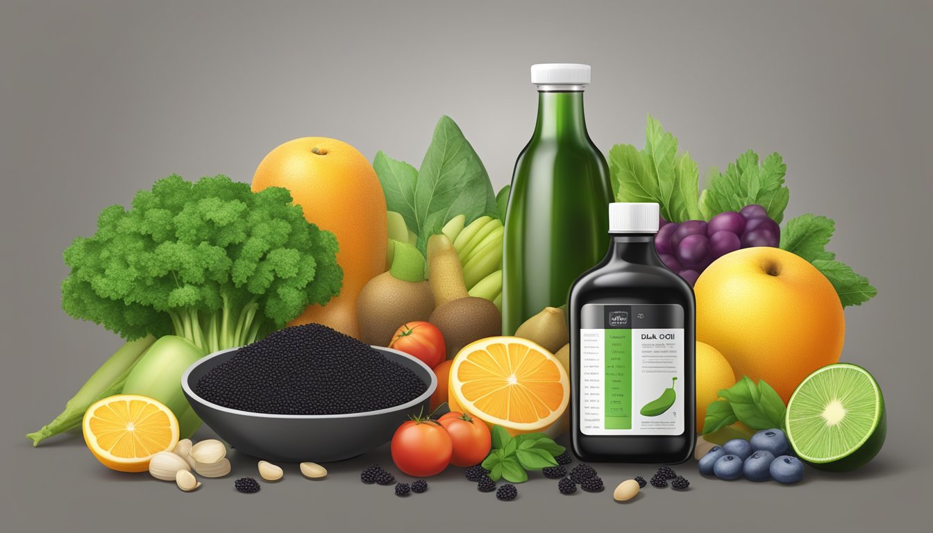 A bottle of cold pressed black seed oil surrounded by fresh, healthy fruits and vegetables, with a measuring tape and a scale in the background