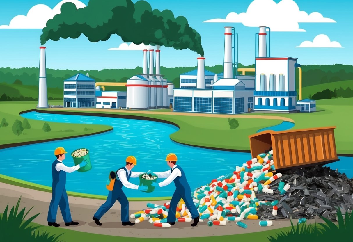 A pharmaceutical factory emitting toxic waste into a river, while workers are seen dumping expired medication into a landfill