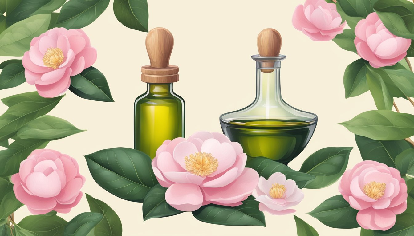 A bottle of cold pressed camellia seed oil surrounded by fresh camellia flowers and leaves, with a mortar and pestle nearby for medicinal use