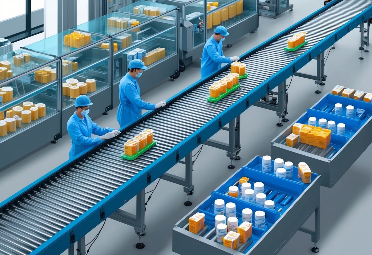 A conveyor belt moving pharmaceutical products through a high-tech distribution center, with workers carefully monitoring the process