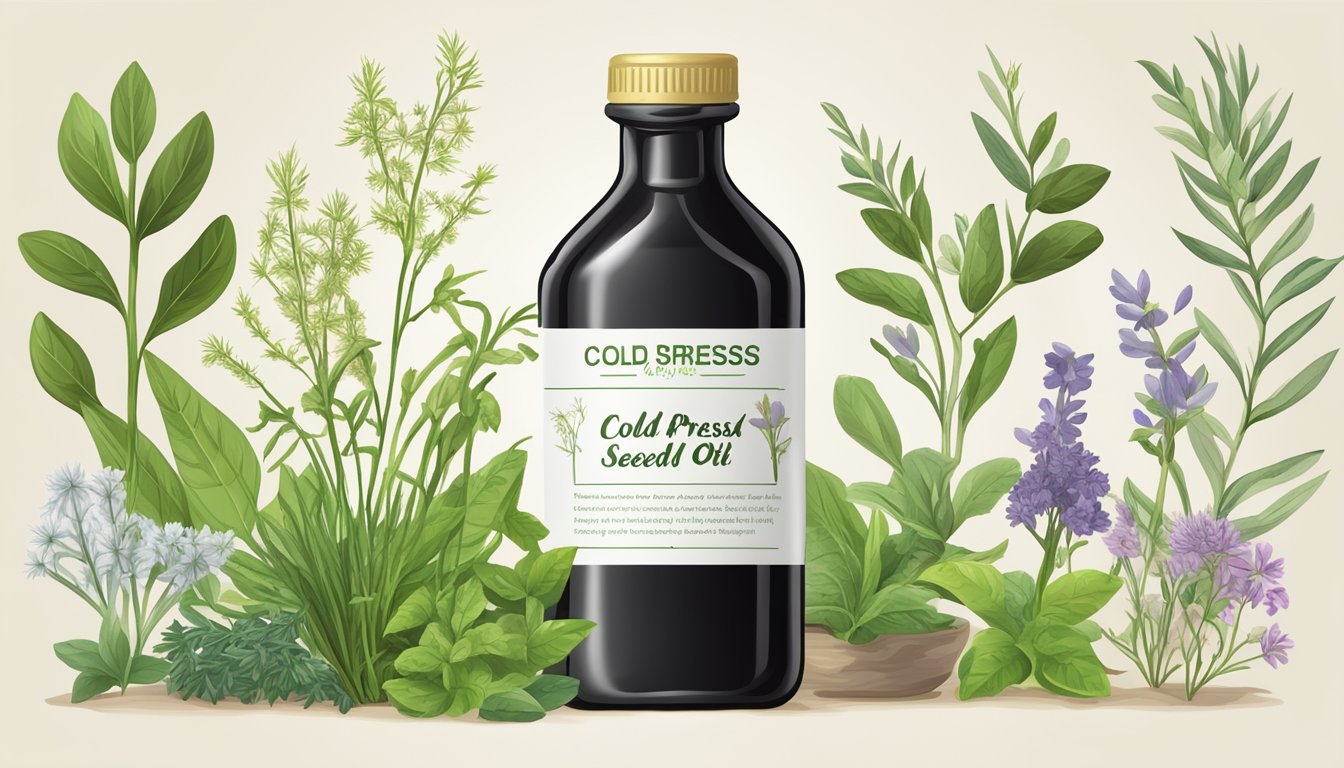 A bottle of cold pressed black seed oil surrounded by various herbs and plants, with a label indicating its health benefits and safety information