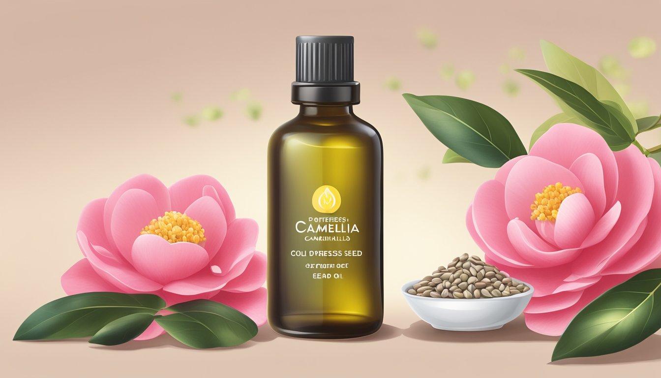 A bottle of cold pressed camellia seed oil stands next to other oils, with a spotlight highlighting its health benefits