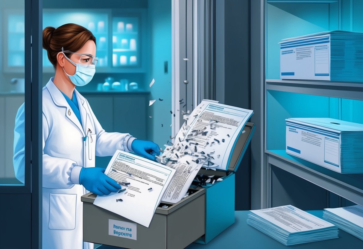 A pharmaceutical lab technician shredding confidential documents in a secure room