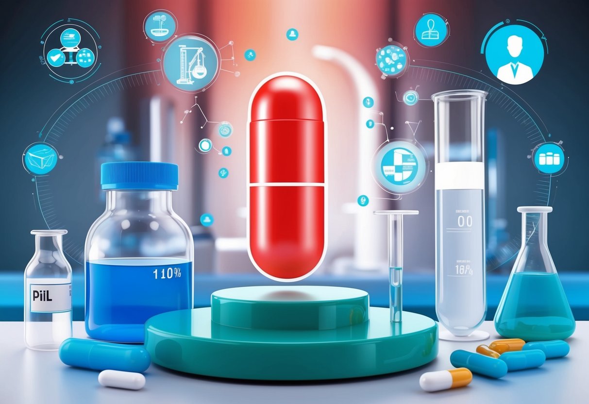 A pharmaceutical lab with a scale model of a pill surrounded by conflicting symbols of innovation and ethical boundaries