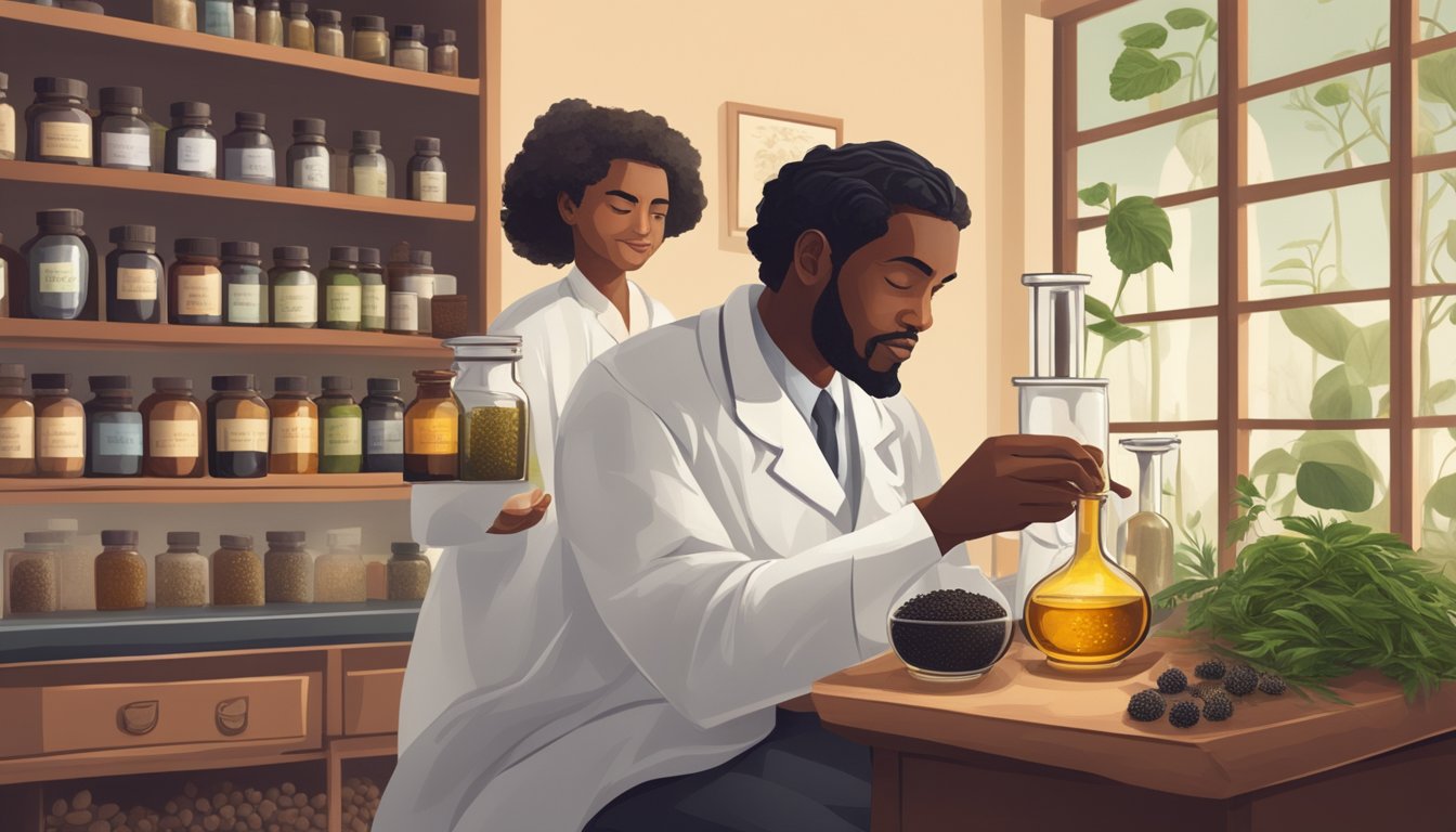 A historical figure using black seed oil in a traditional medicine setting, alongside a modern scientist studying its health benefits in a laboratory