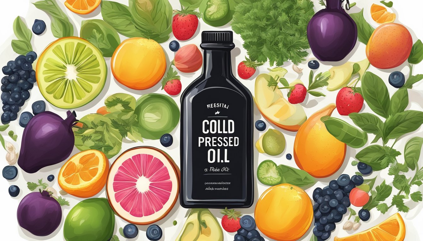 A bottle of cold pressed black seed oil surrounded by various fruits, vegetables, and herbs, with a glowing halo effect to symbolize health benefits and future potential