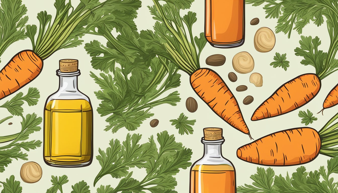 A bottle of cold pressed carrot seed oil surrounded by fresh carrots and seeds