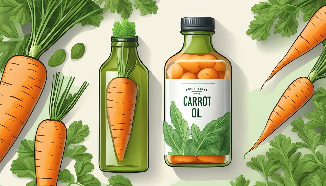 A bottle of cold pressed carrot seed oil surrounded by fresh carrots and green leaves