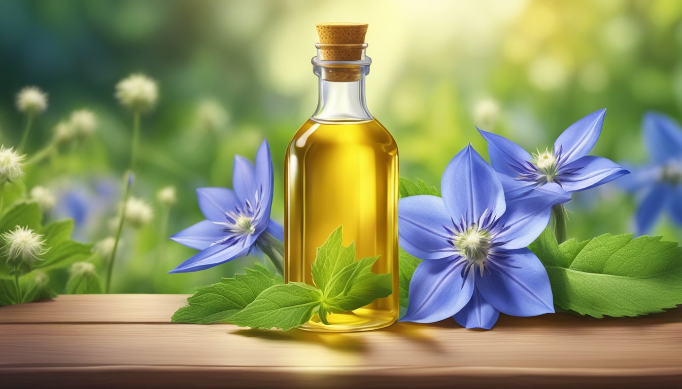 A bottle of cold-pressed borage oil surrounded by fresh borage flowers and green leaves, with a background of a sunny, vibrant garden