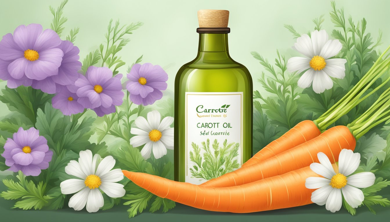 A glass bottle of carrot seed oil surrounded by aromatic flowers and a calm, serene atmosphere