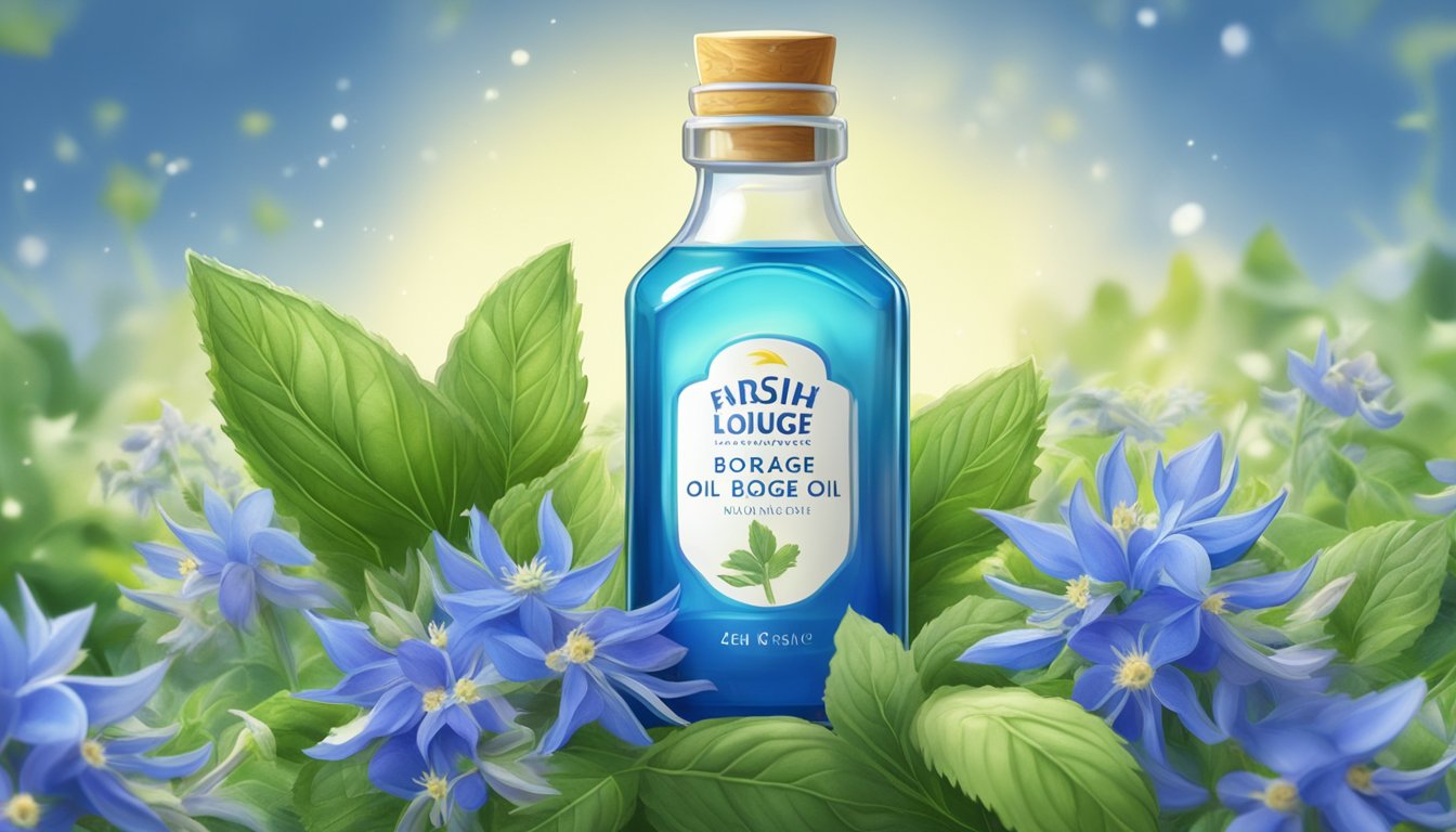 A bottle of cold pressed borage oil surrounded by fresh borage flowers and green leaves, with a radiant glow emanating from the oil