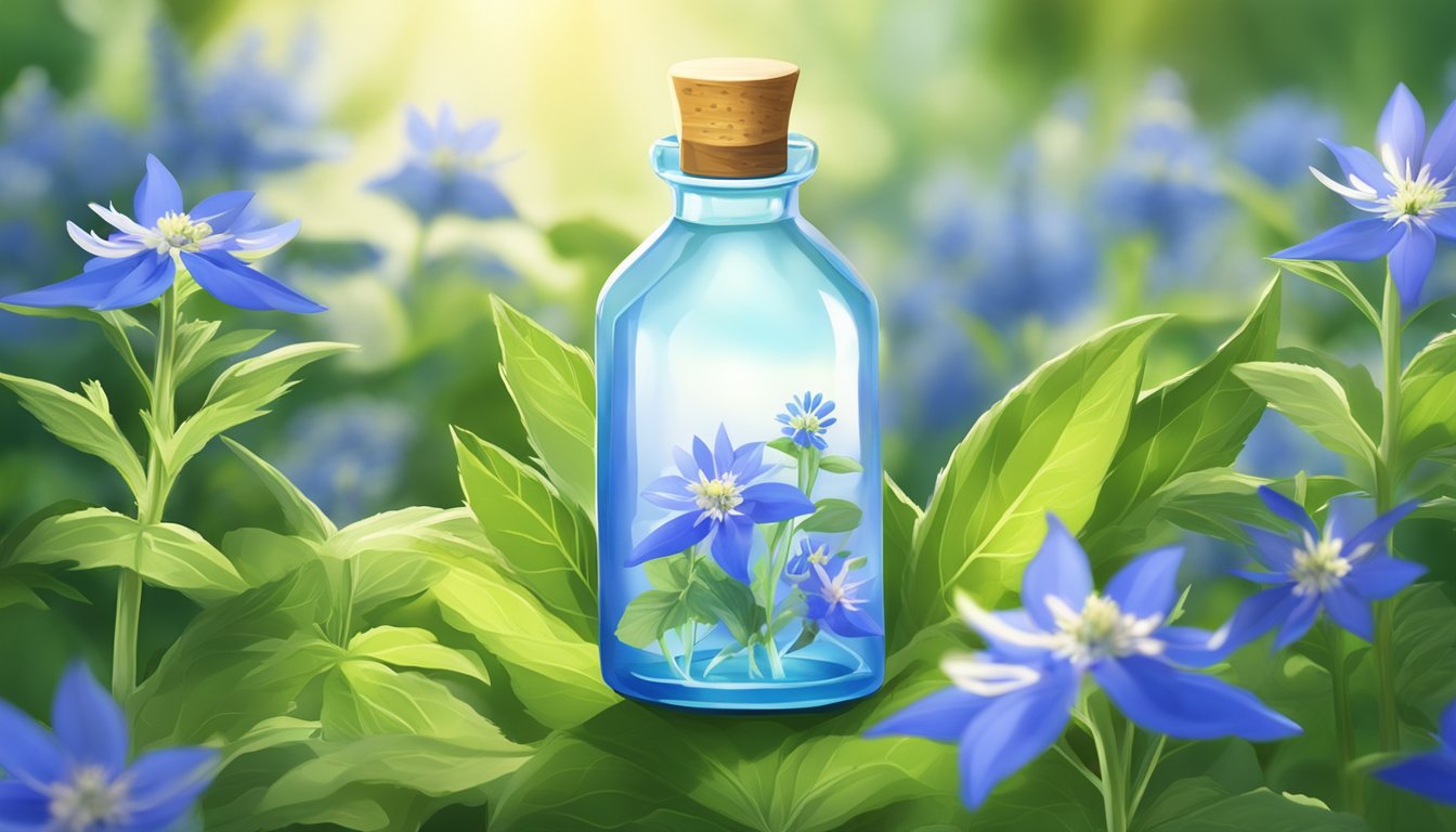 A bottle of cold pressed borage oil surrounded by fresh borage flowers and green leaves, with rays of sunlight shining down on it