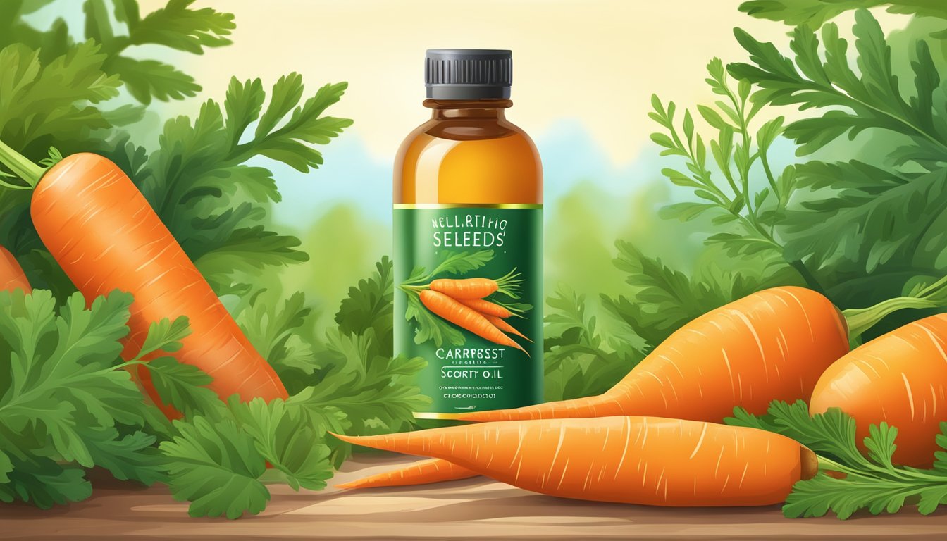 A bottle of cold pressed carrot seed oil surrounded by vibrant orange carrots and green leaves, with a backdrop of a healthy, flourishing garden