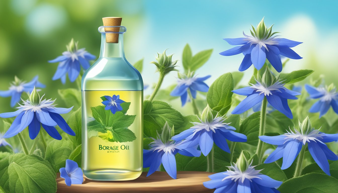 A bottle of cold pressed borage oil surrounded by vibrant borage flowers and green leaves, with a backdrop of a clear blue sky