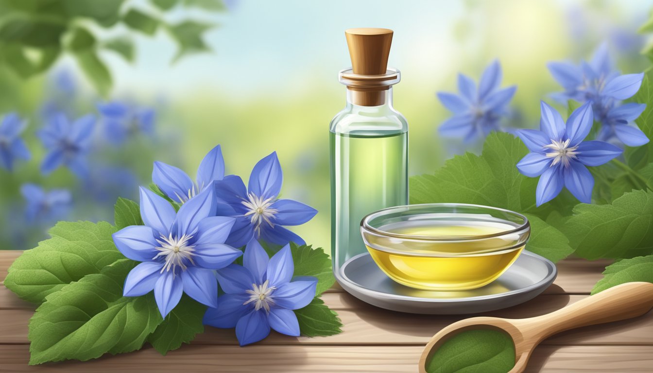 A clear glass bottle of cold pressed borage oil surrounded by fresh borage flowers and leaves, with a dropper and a small dish for application