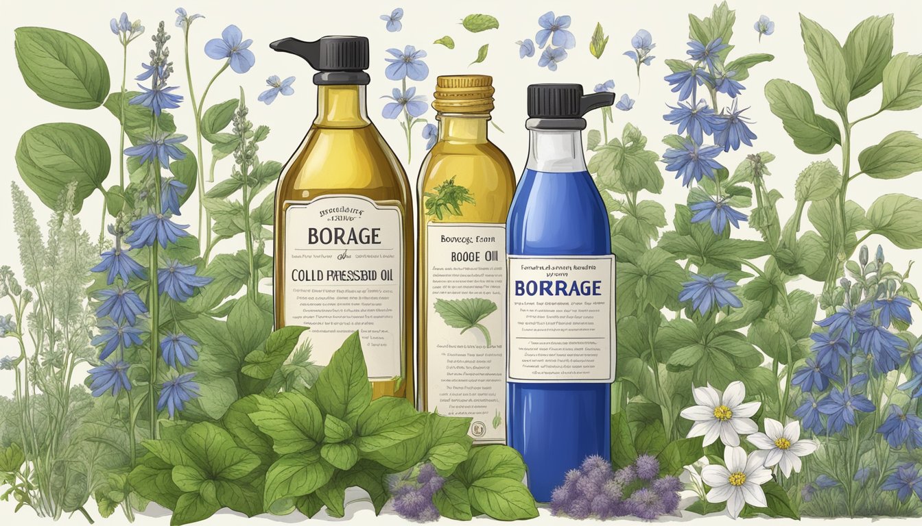 A bottle of cold pressed borage oil surrounded by various plants and herbs, with a caution sign and a list of potential side effects and precautions