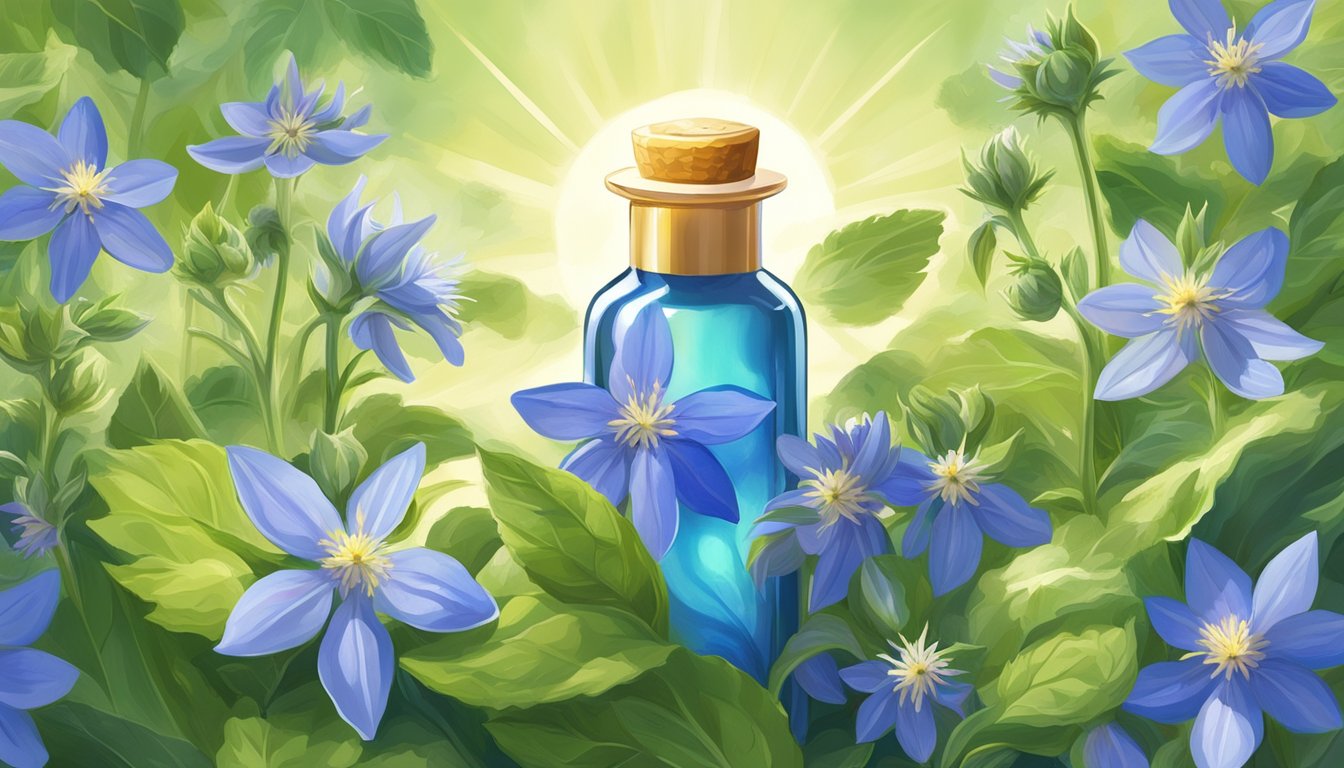 A bottle of cold pressed borage oil surrounded by vibrant borage flowers and green leaves, with rays of sunlight shining down on it