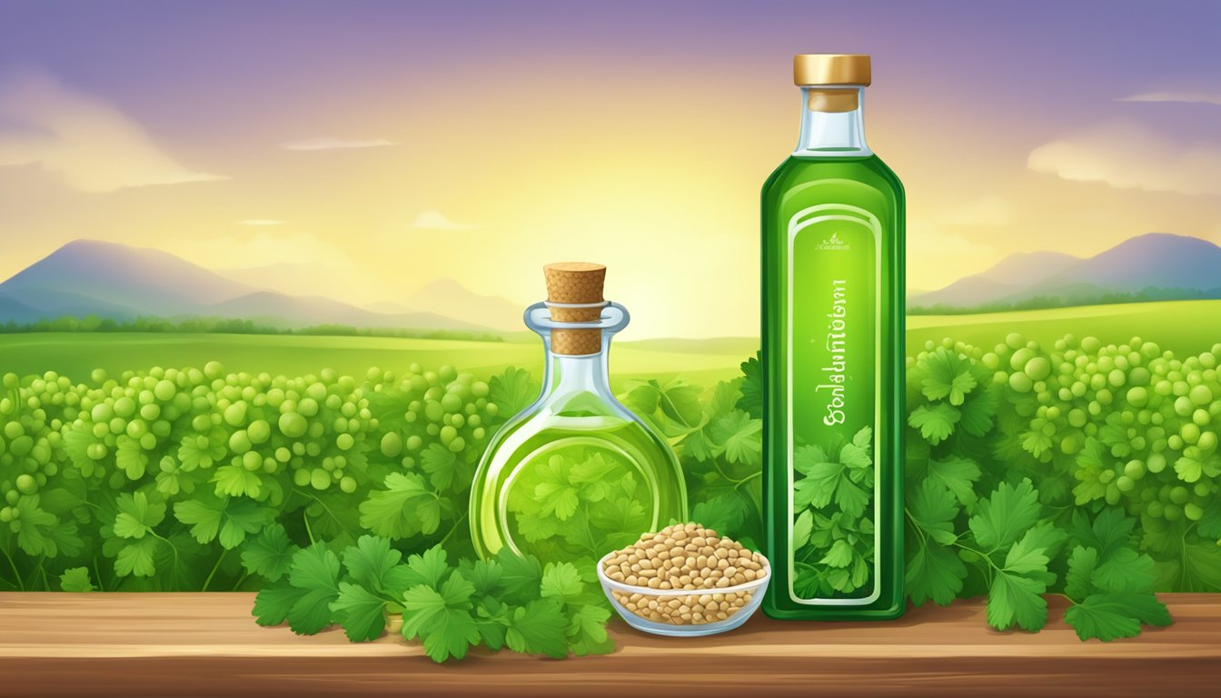 A bottle of cold-pressed coriander seed oil surrounded by fresh coriander leaves and seeds, with a backdrop of vibrant green fields