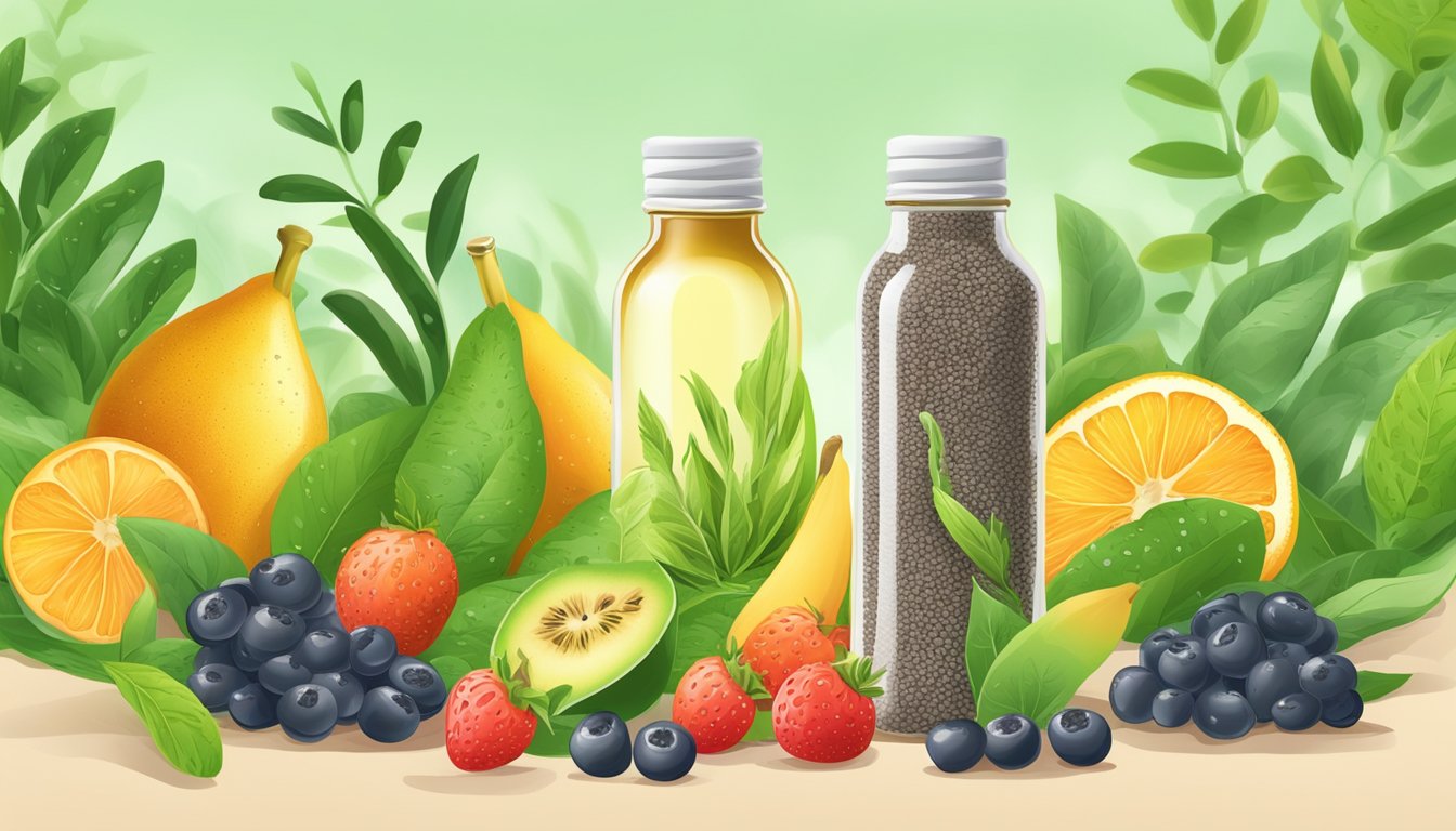 A bottle of cold-pressed chia seed oil surrounded by vibrant, fresh chia seeds and colorful fruits, with a backdrop of lush green leaves